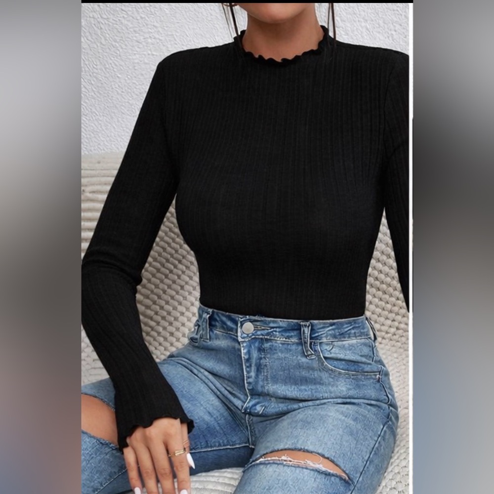 Black Ribbed Long-Sleeve Bosysuit
